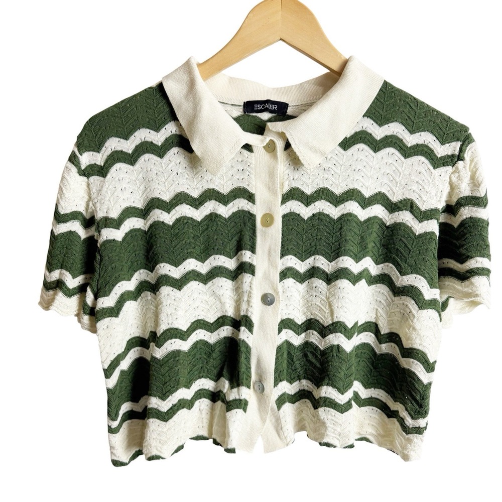 ESCALIER chevron wave crochet-knit polo shirt Button Down Green White 70s